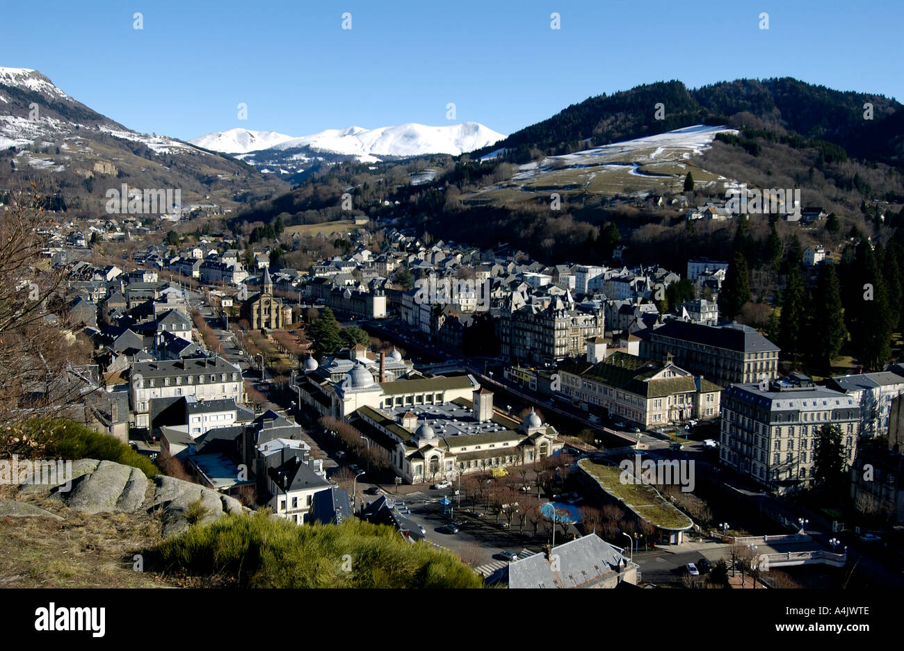 Thermal city of La Bourboule in winter, Auvergne Volcanoes Regional Nature Park, Puy de Dome , Auvergne, France Stock Photo