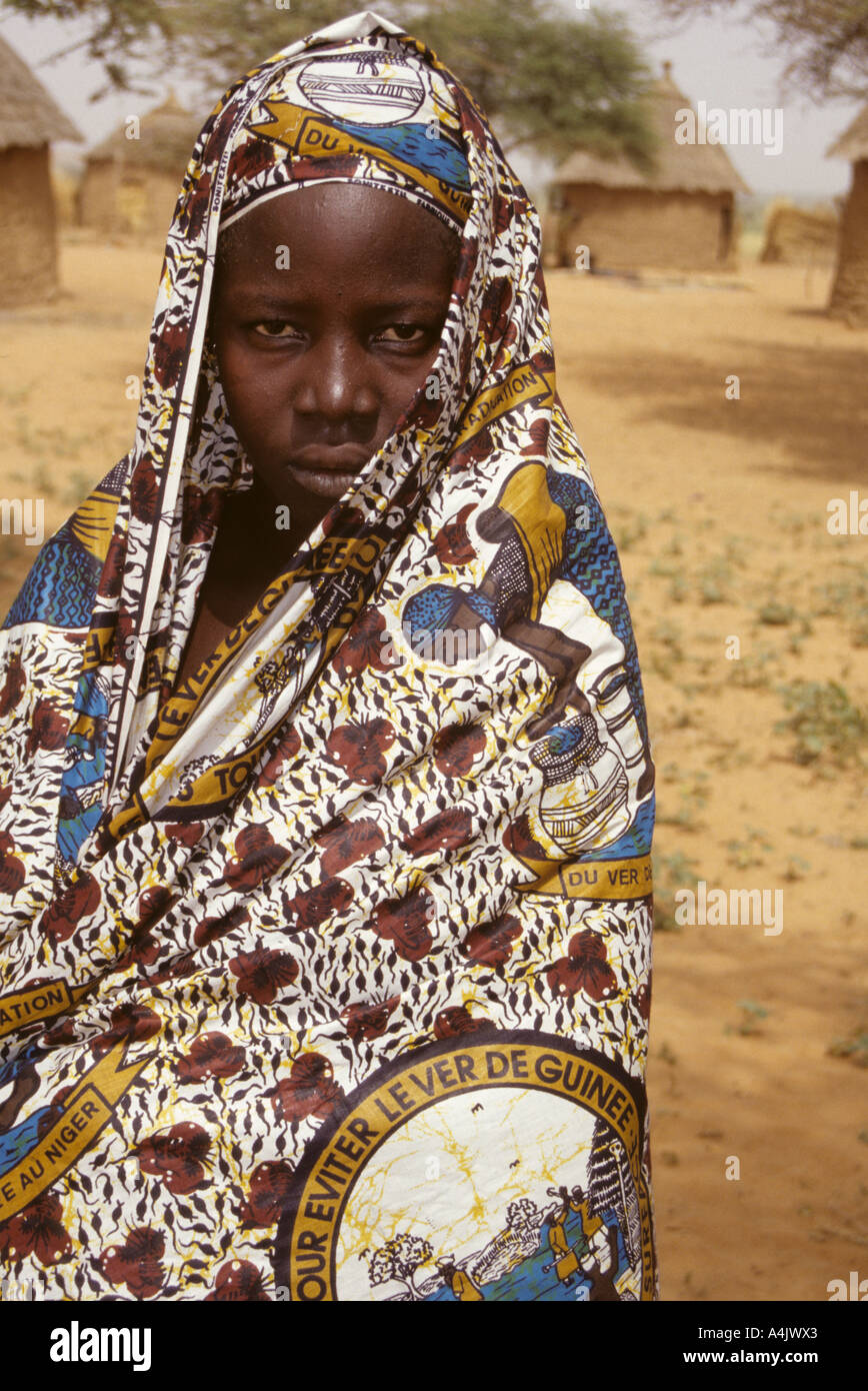 Guinea Worm Eradication Message on Clothing Fabric, Niger. Stock Photo