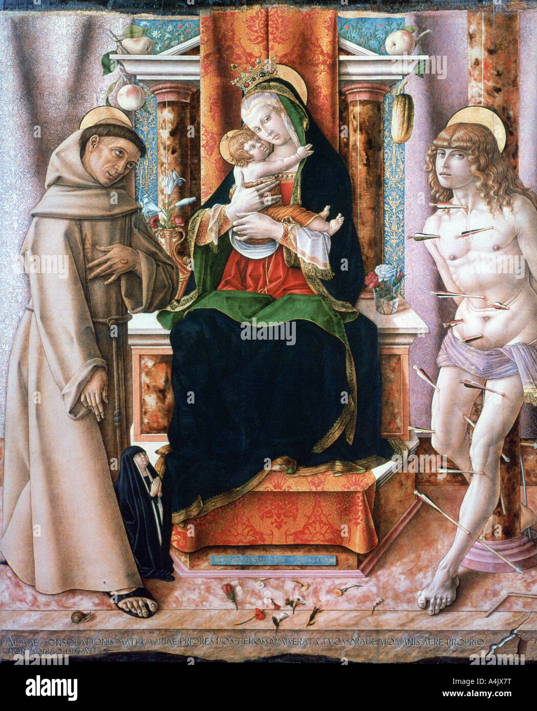 'The Virgin and Child with Saints Francis and Sebastian', 1491. Artist: Carlo Crivelli Stock Photo