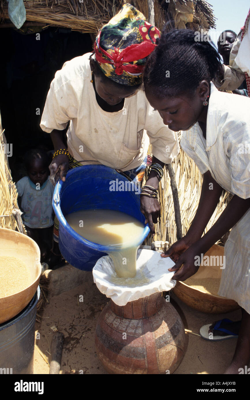 Filtering water to remove Guinea Worm parasite transmitters.  Near Tera, Niger. Stock Photo