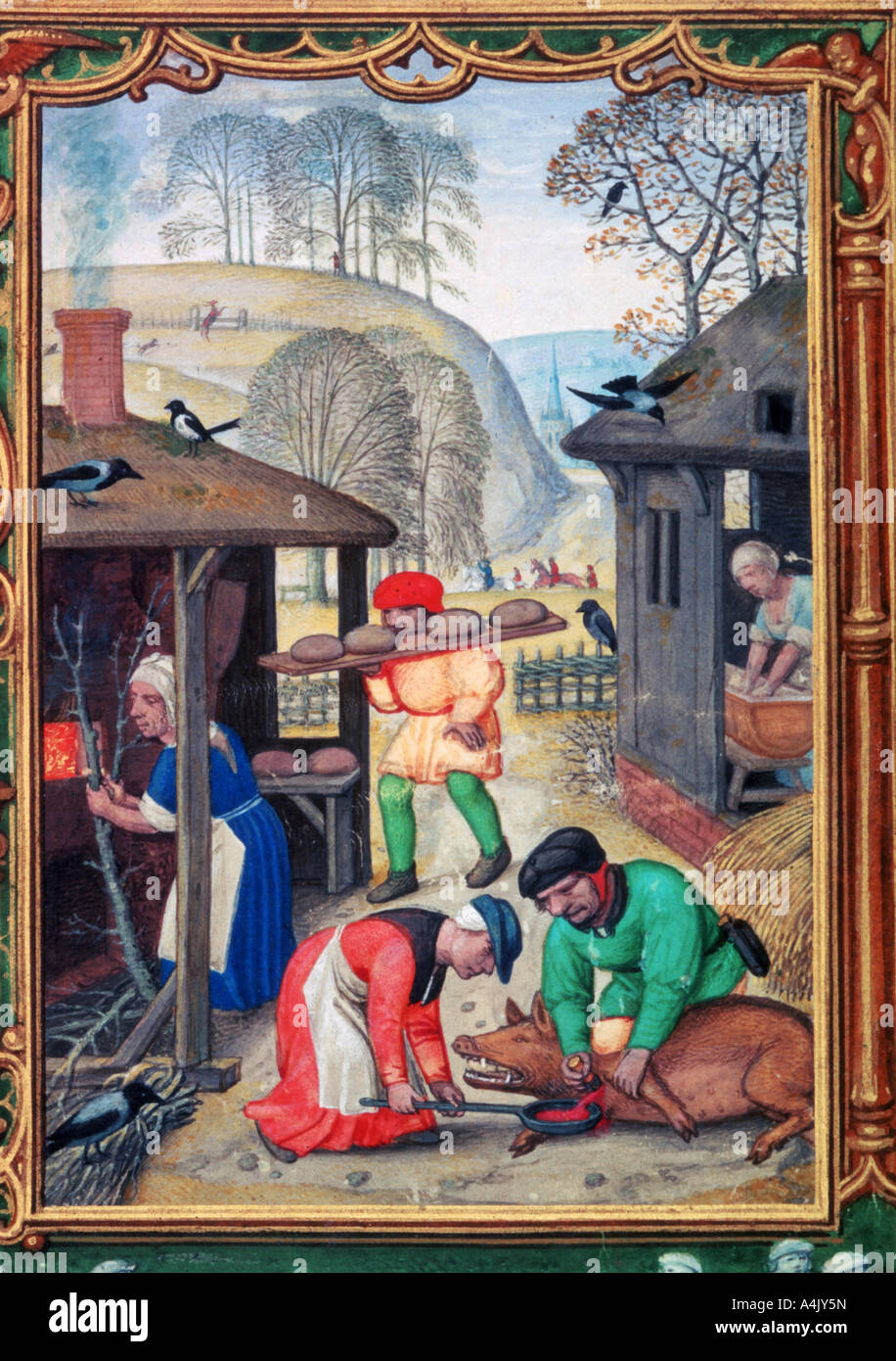 December, slaughtering the pig, 1520. Artist: Gerhard Hoornbach Stock Photo