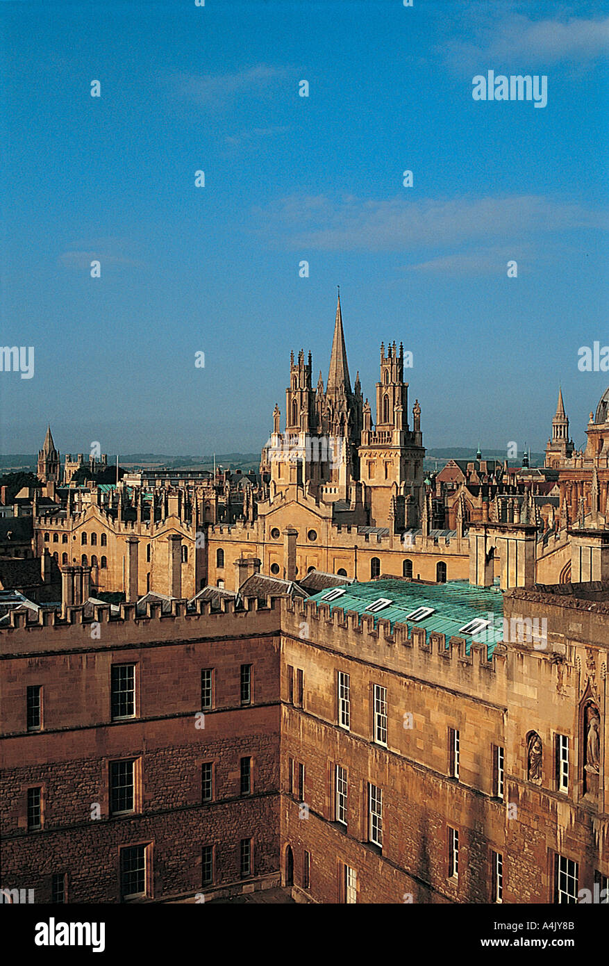 View across rooftops towards Hawksmoor Towers and St Marys Church, Oxford Stock Photo