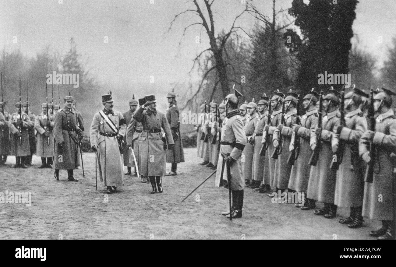 Emperor Karl I of Austria visiting Kaiser Wilhelm II at Army headquarters, World War I, 1917. Artist: Unknown Stock Photo