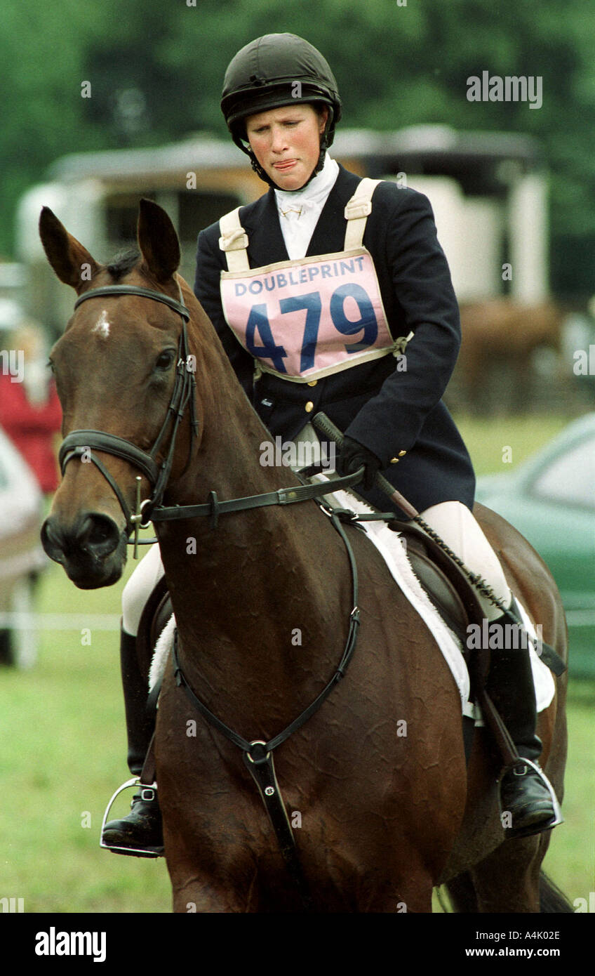 ZARA PHILLIPS WARMS UP FOR THE SHOW JUMPING PHASE ON HER HORSE FRENCH