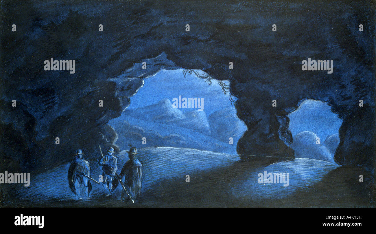 'Three People in a Cave in the Mountains', 1825. Artist: George Sand Stock Photo