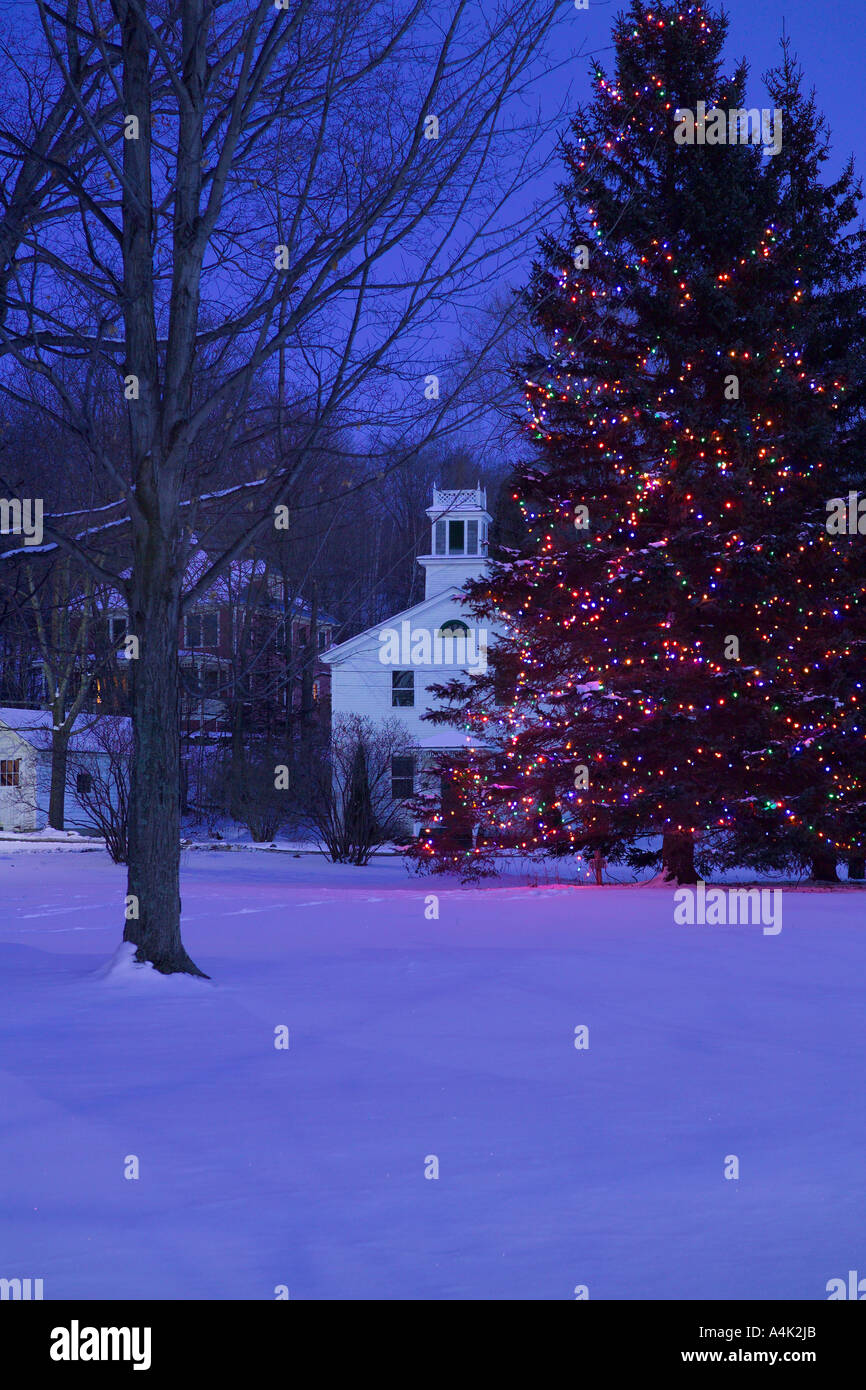 Jericho Center green during the holiday season. Tree decorated with