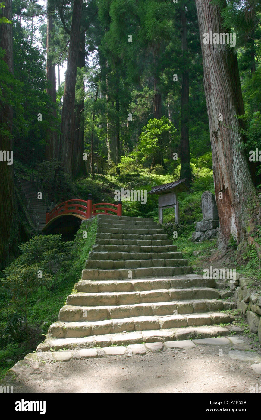 Steep steps and a traditional red bridge in the Mie countryside at Muroji womans temple Japan Asia Stock Photo