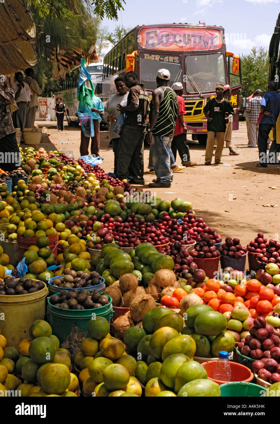 Fruit stand at a bus station, Momobo, Usambara Mountains, Tanzania Stock Photo