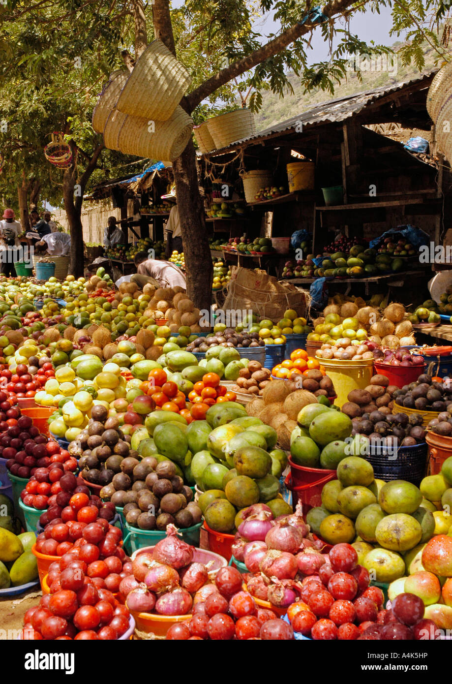 Stands with tropical fruits at a bus station, Mombo, Usambara Mountains, Tanzania Stock Photo