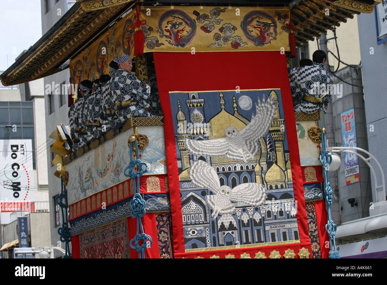 Detail of the silk road tapestries used as decoration on the floats in the Gion Matsuri Kansai Japan Asia Stock Photo