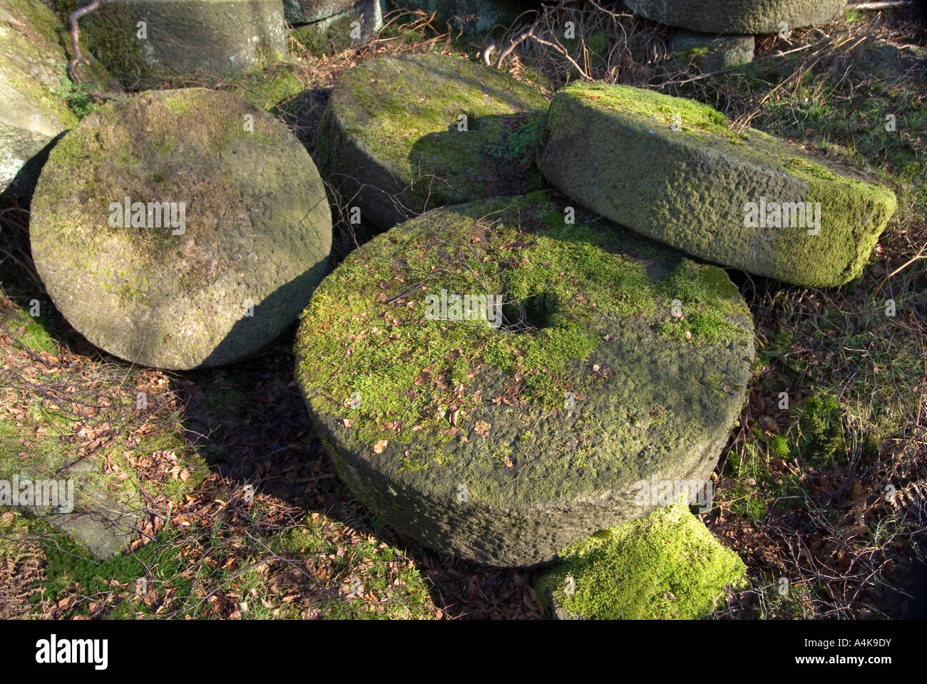 Abandoned grit millstones at Bole Hill Quarry Stock Photo Alamy