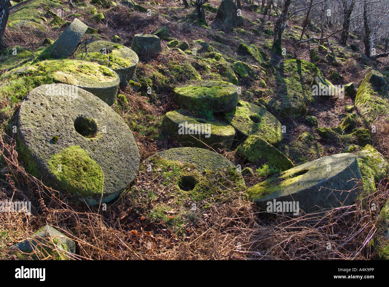 Abandoned grit millstones at Bole Hill Quarry near Stanage Edge in