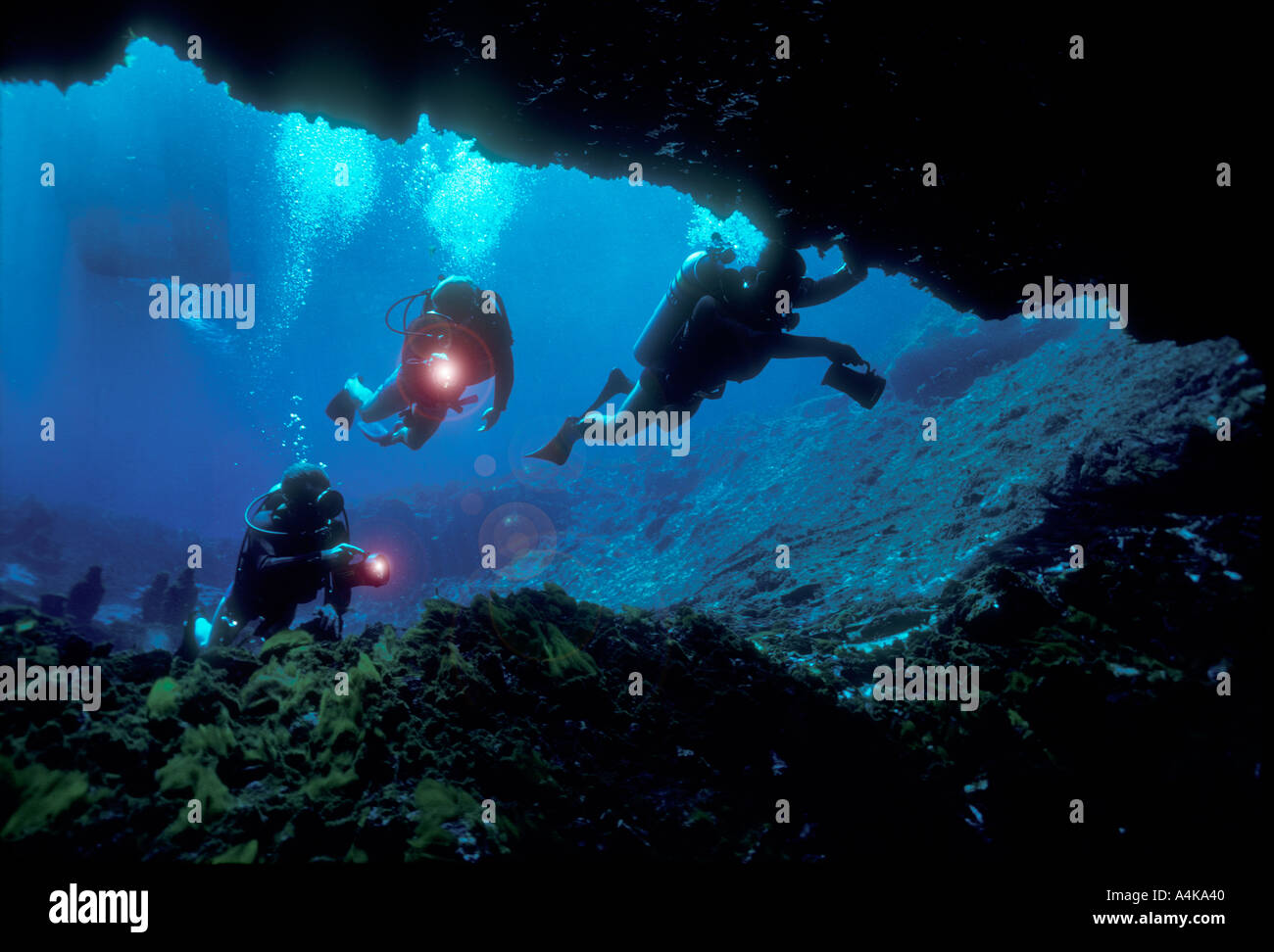 skin divers exploring cave in Florida spring Stock Photo
