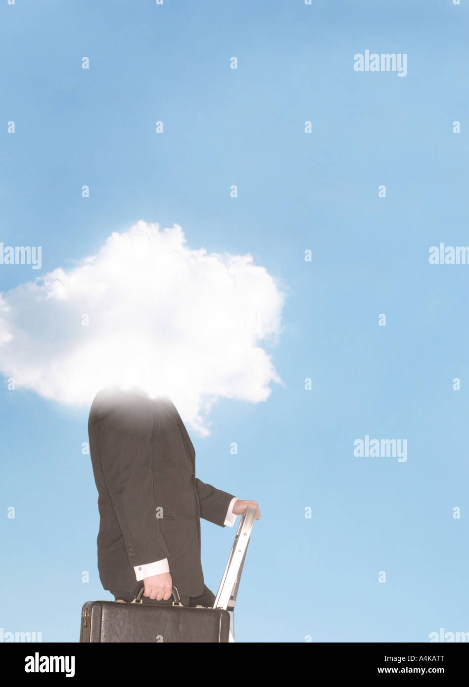 Businessman standing on a ladder with his head in the clouds against a ...