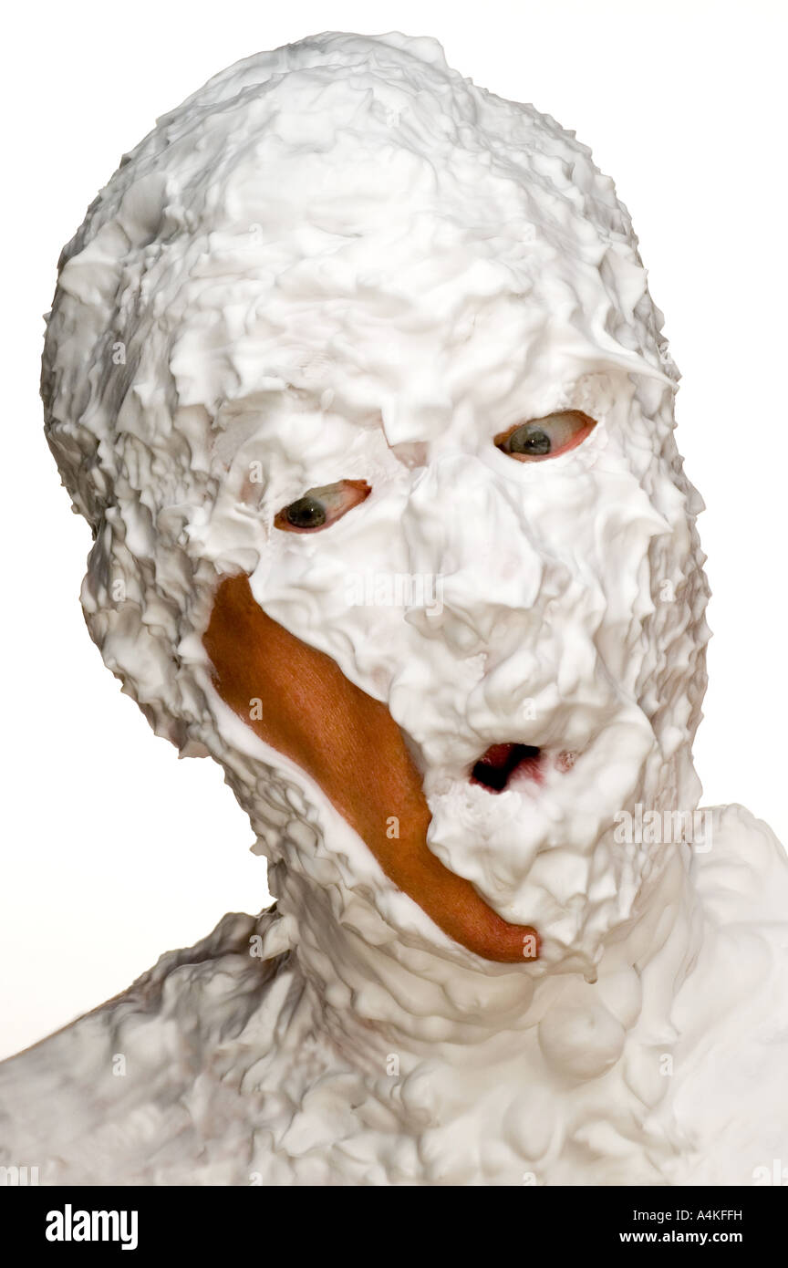 Close Shave #1: shaved cheek on shaving cream covered head with surprised  look Stock Photo - Alamy