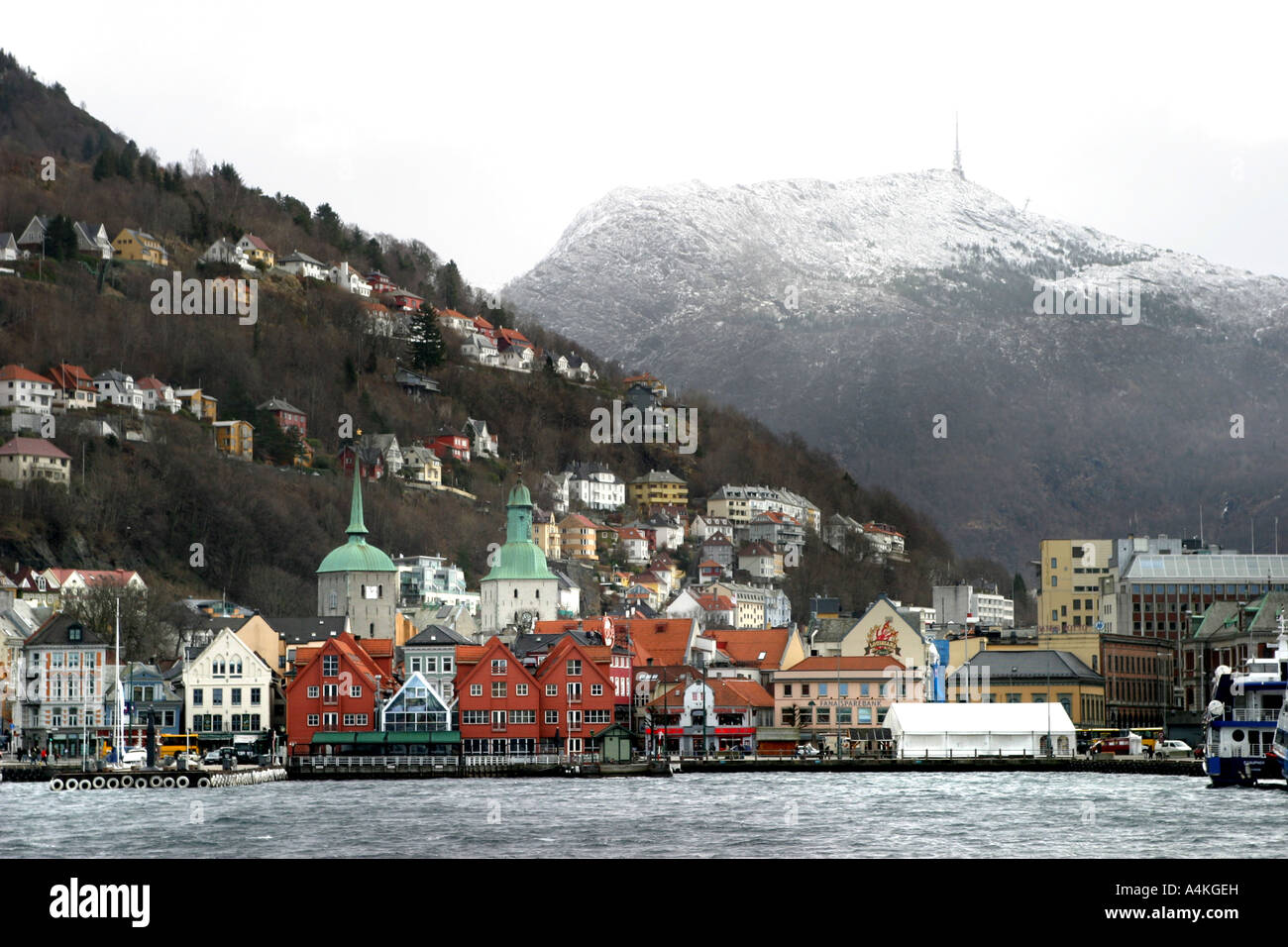 Shop fronts and houses at the coastal city of Bergen Norway. Stock Photo