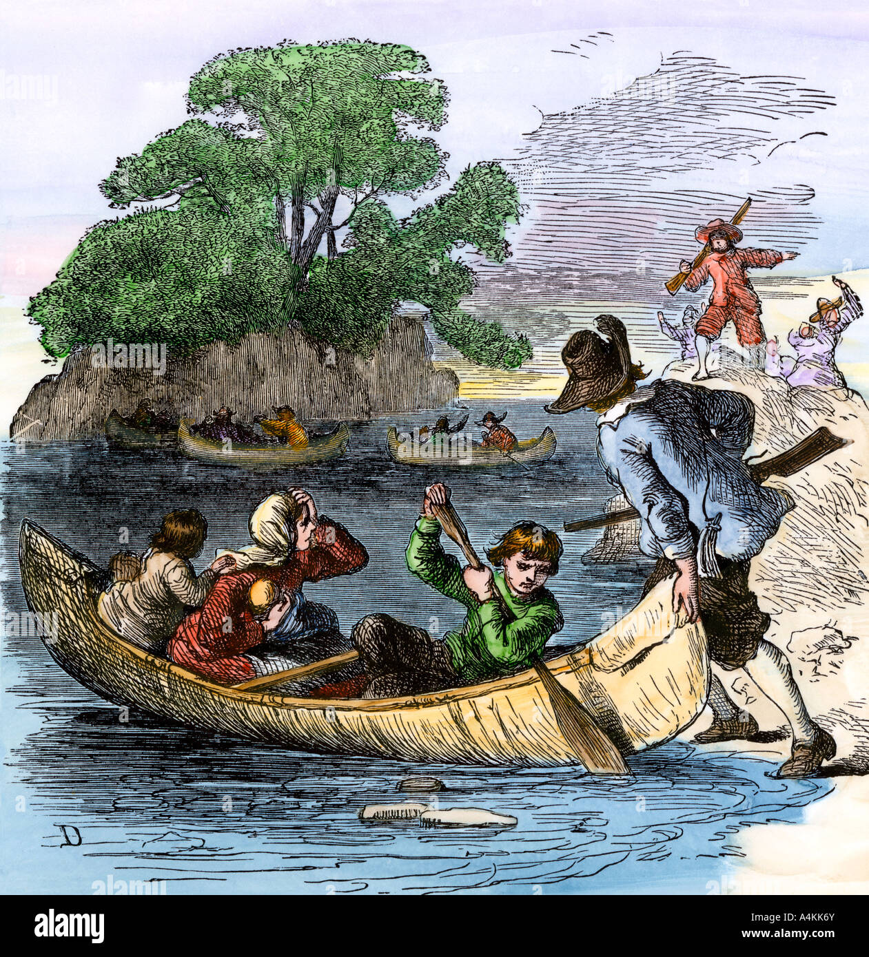 Carolina colonists fleeing in canoes from attack by Native Americans. Hand-colored woodcut Stock Photo