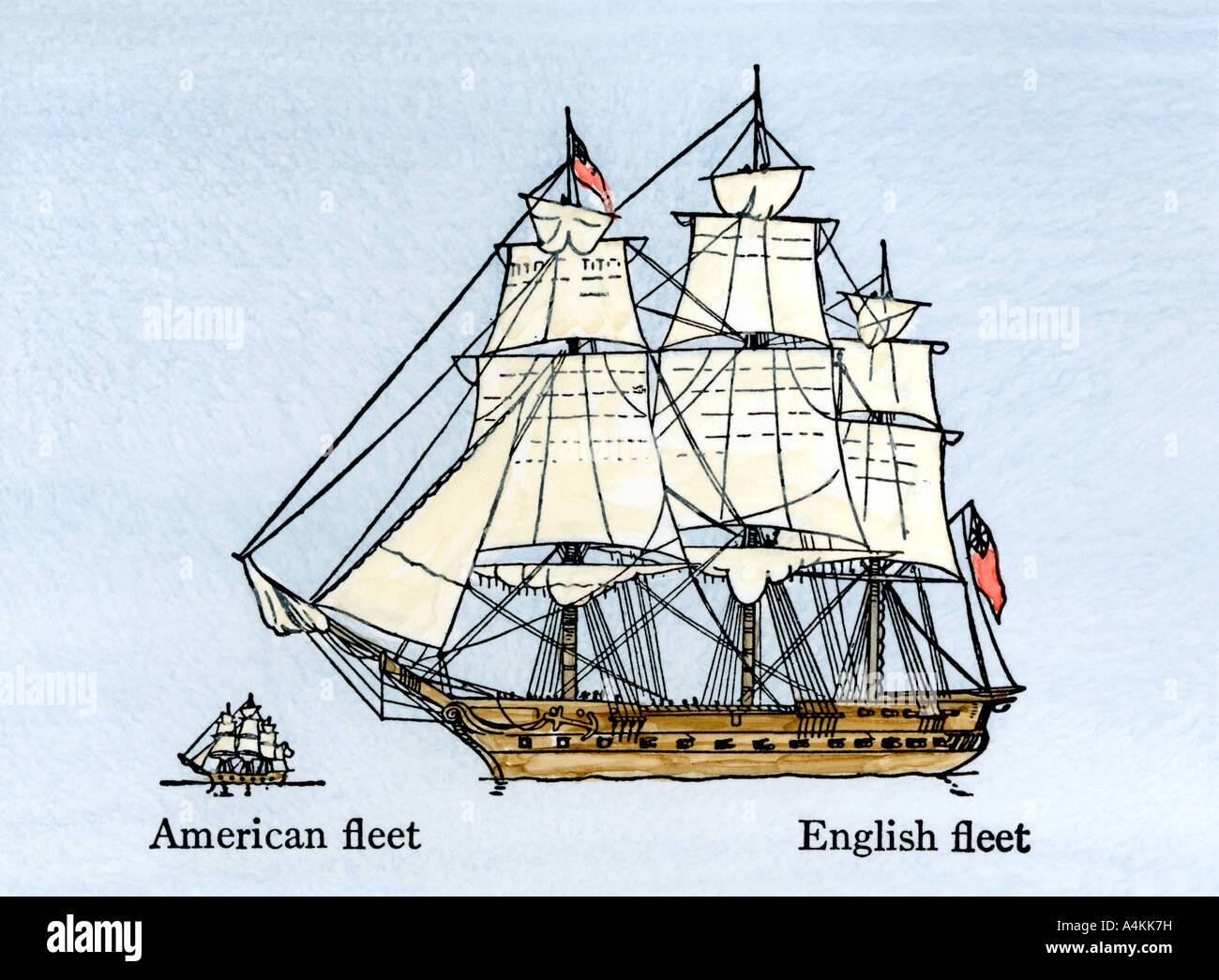 Relative size of the American and English fleets at the start of the War of 1812. Hand-colored woodcut Stock Photo