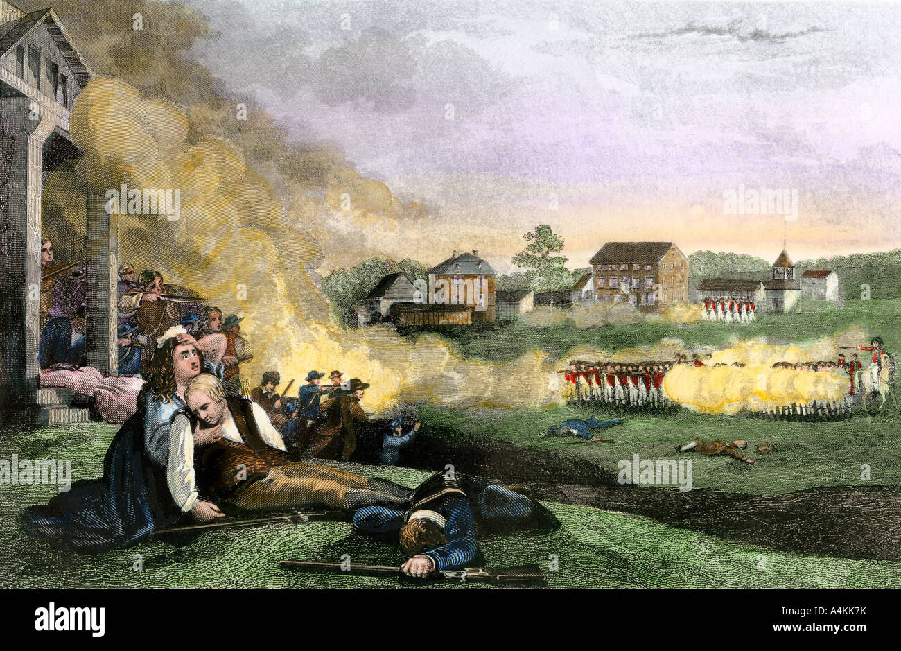 Wife holding her dying husband at the Battle of Lexington start of the Revolutionary War April 1775. Hand-colored steel engraving Stock Photo