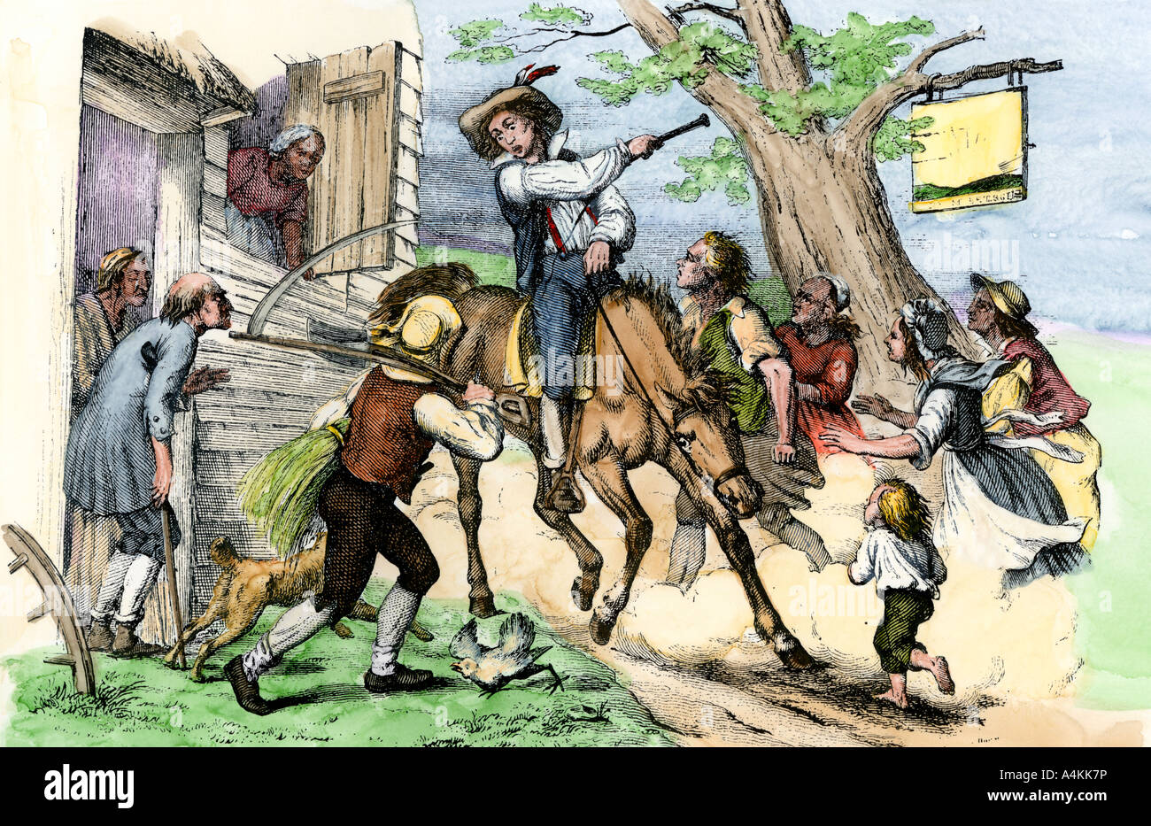 Messenger bringing colonists news of the Battle of Lexington 1775. Hand-colored halftone of an illustration Stock Photo