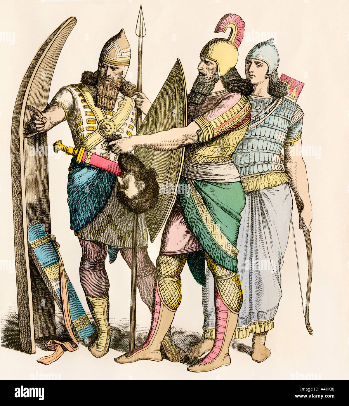 Assyrian soldiers one holding a decapitated head. Hand-colored print Stock Photo