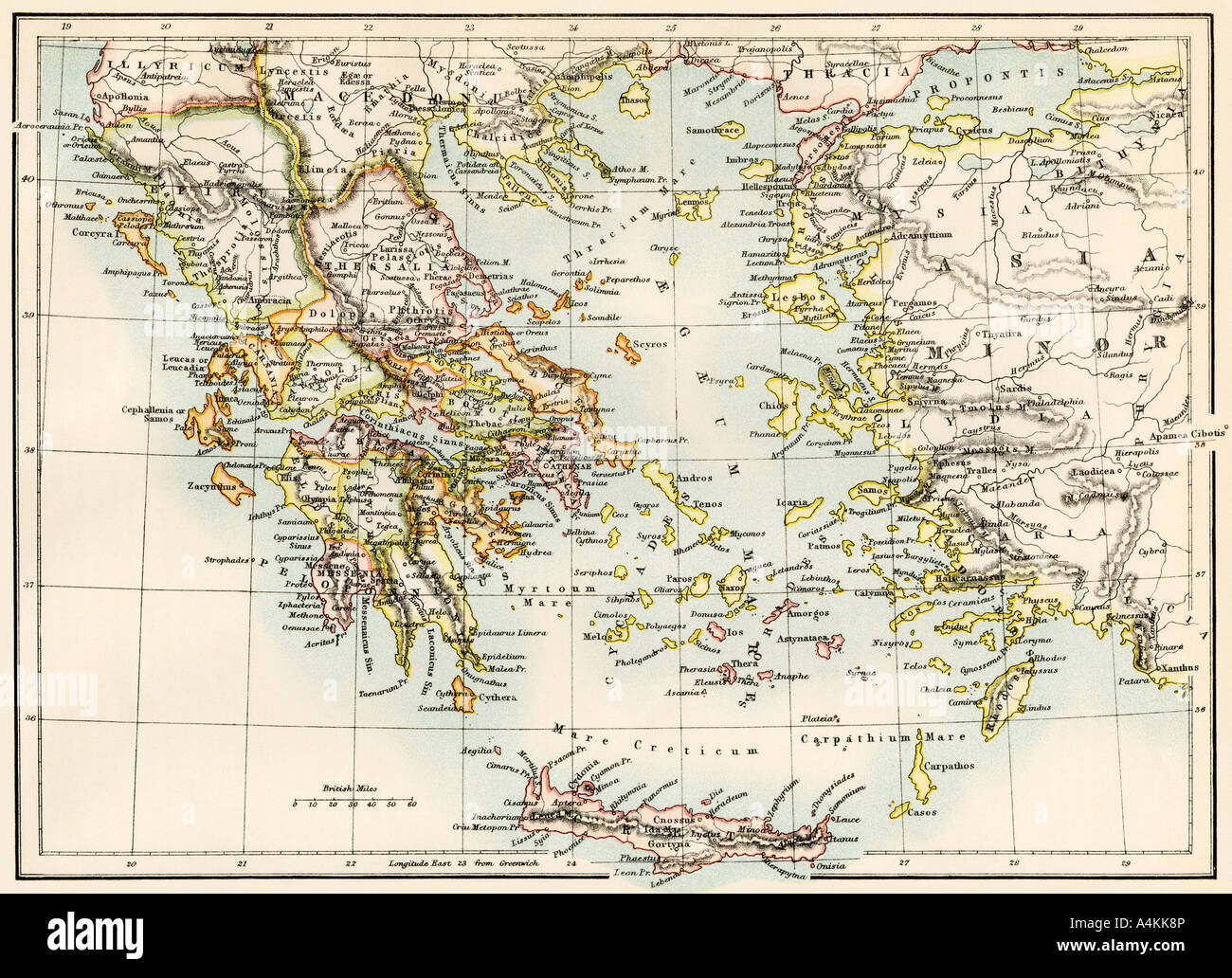 Map of the Aegean Sea in the time of ancient Greece. Color lithograph Stock Photo