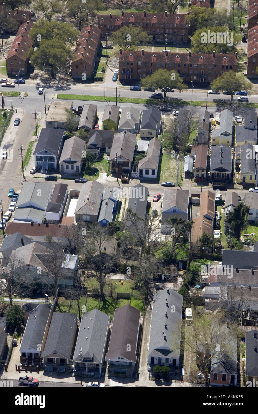 Aerial view of housing in New Orleans Louisiana showing long narrow