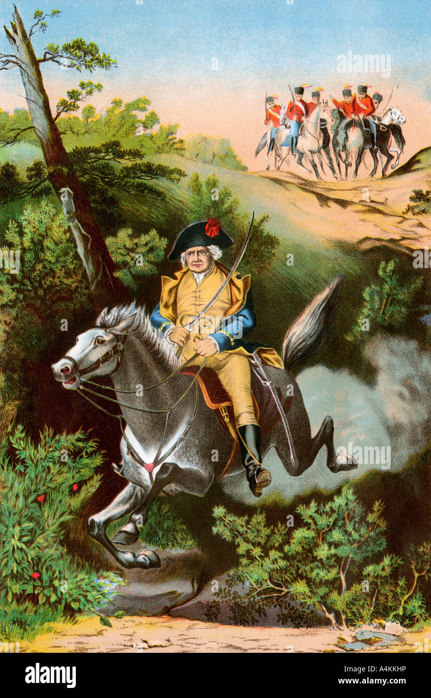 American General Israel Putnam on a daring ride during the Revolutionary War. Color lithograph Stock Photo