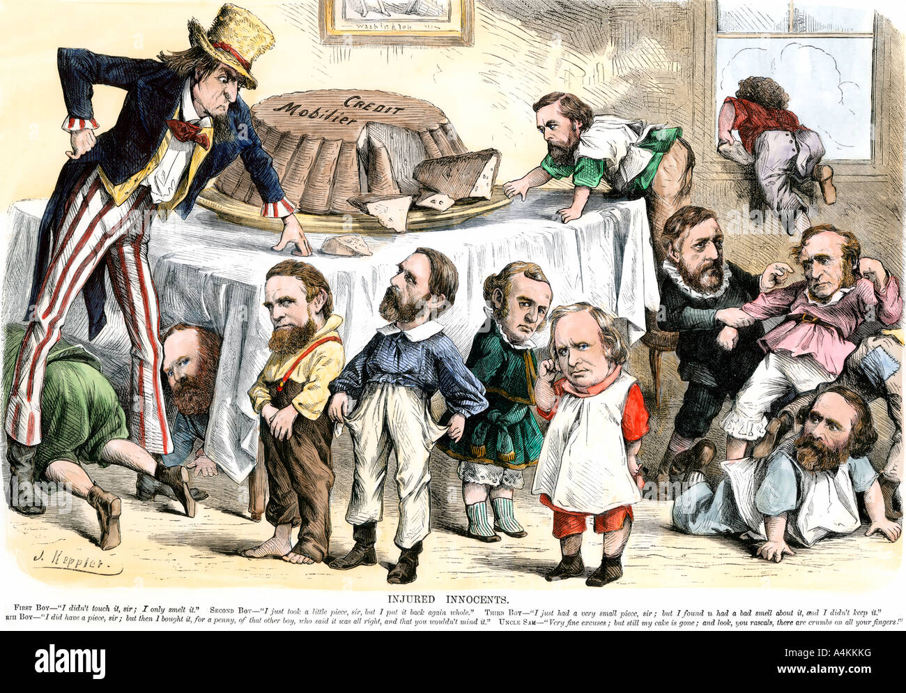 Injured Innocents cartoon about the Credit Mobilier scandal during the Ulysses S. Grant administration 1873. Hand-colored woodcut Stock Photo