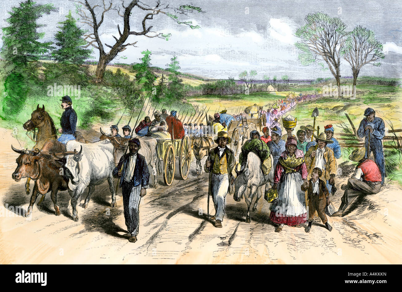 Freed slaves coming into safety of the Union lines at Newbern North Carolina after the Emancipation Proclamation 1863. Hand-colored woodcut Stock Photo