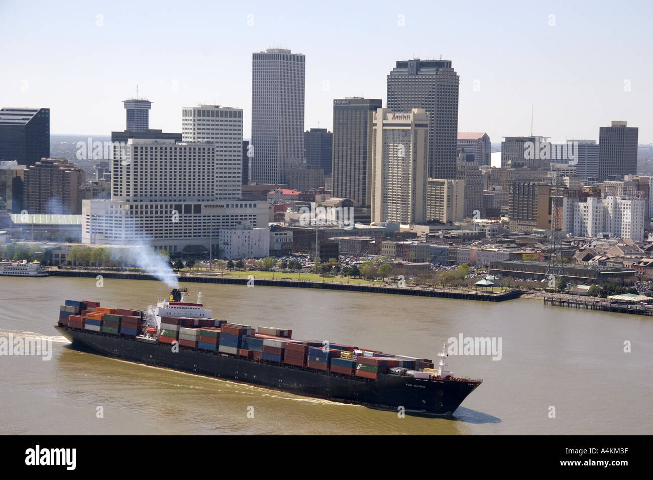 Container ship on the Mississippi River departing New Orleans Louisiana  Stock Photo