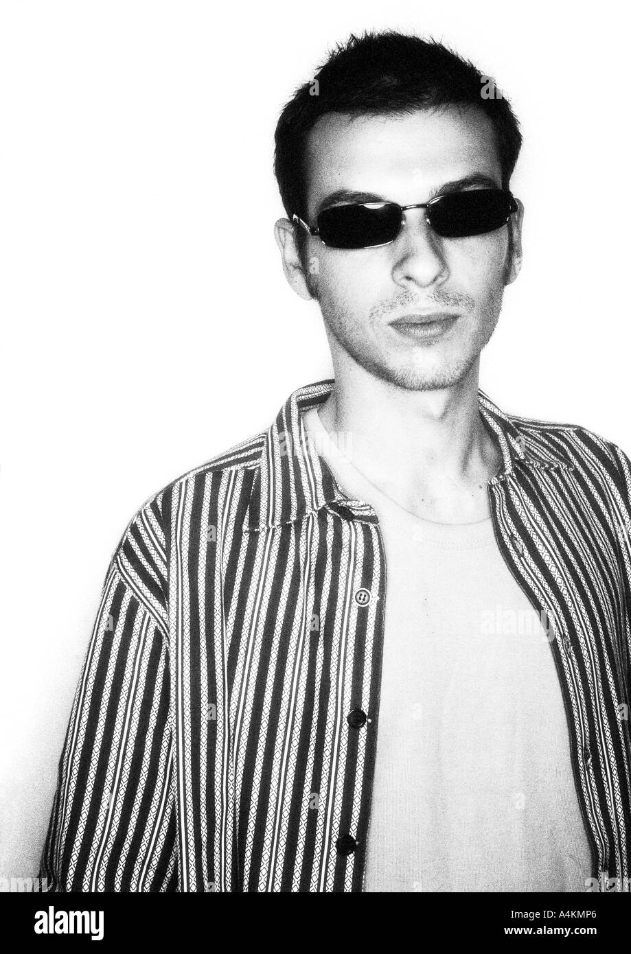 Man with sunglasses, portait, b&w. Stock Photo