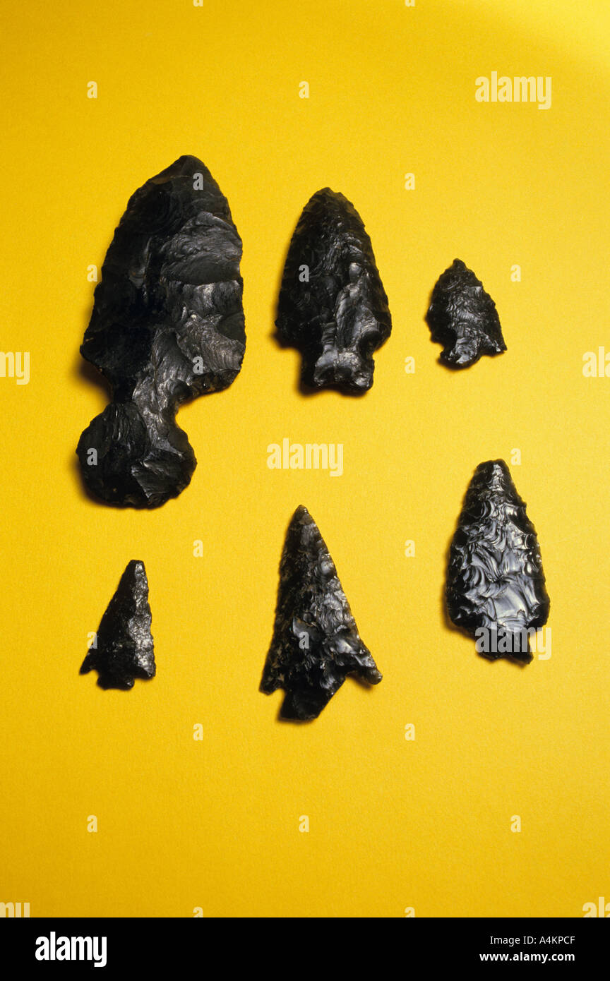 Obsidian arrowheads and tools  Stock Photo