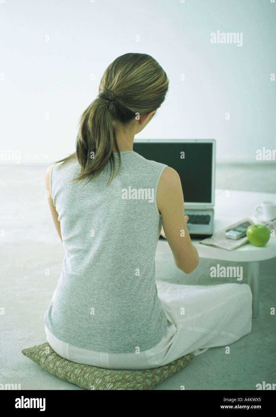 Woman sitting on cushion on floor at coffee table with laptop, rear