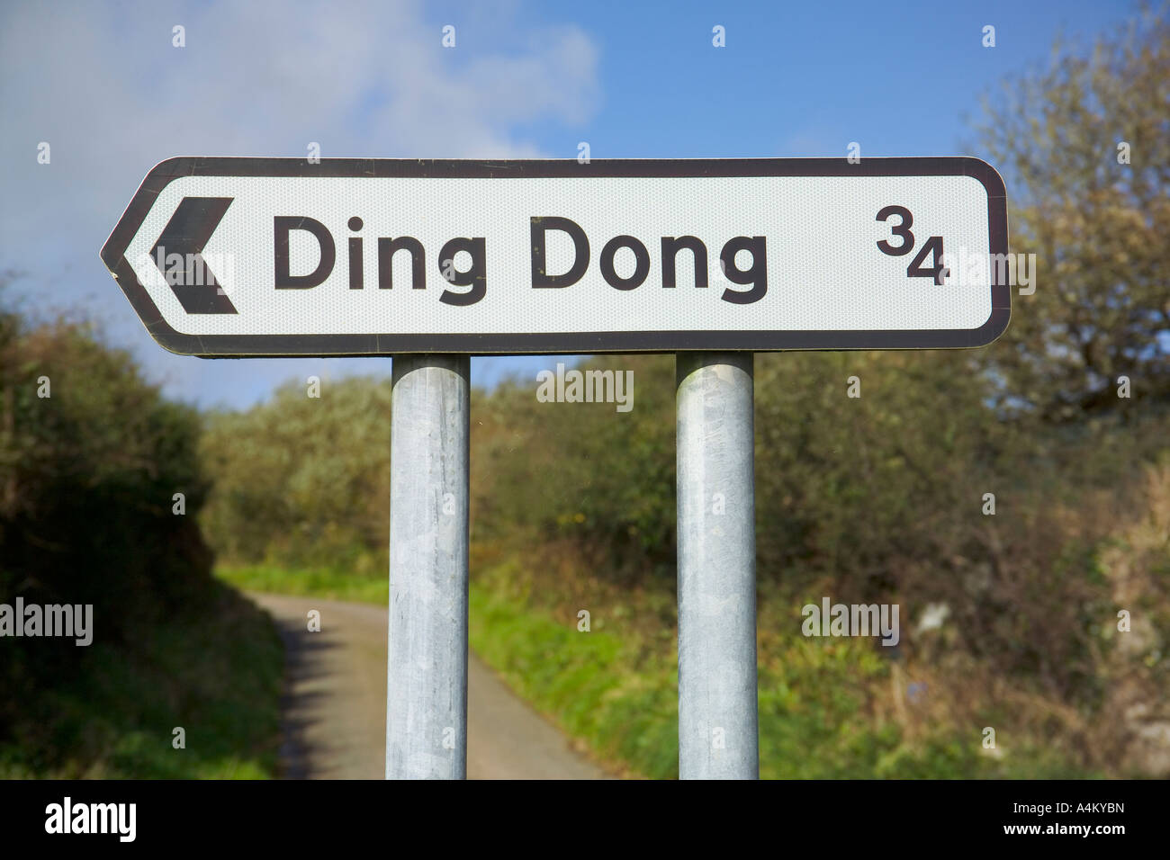 Ding Dong Signpost Cornwall England UK Stock Photo