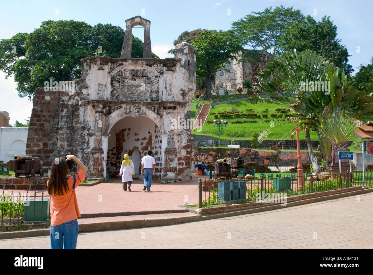 The Portuguese fort A Famosa Porta de Santiago and the Church of Saint Paul Bukit Saint Paul Malacca Stock Photo