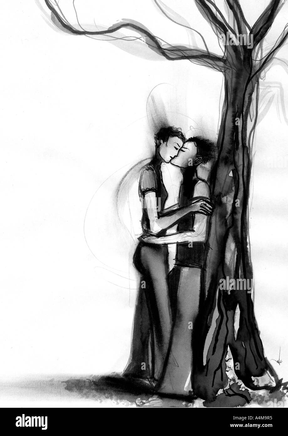 Couple standing against tree hugging hi-res stock photography and ...