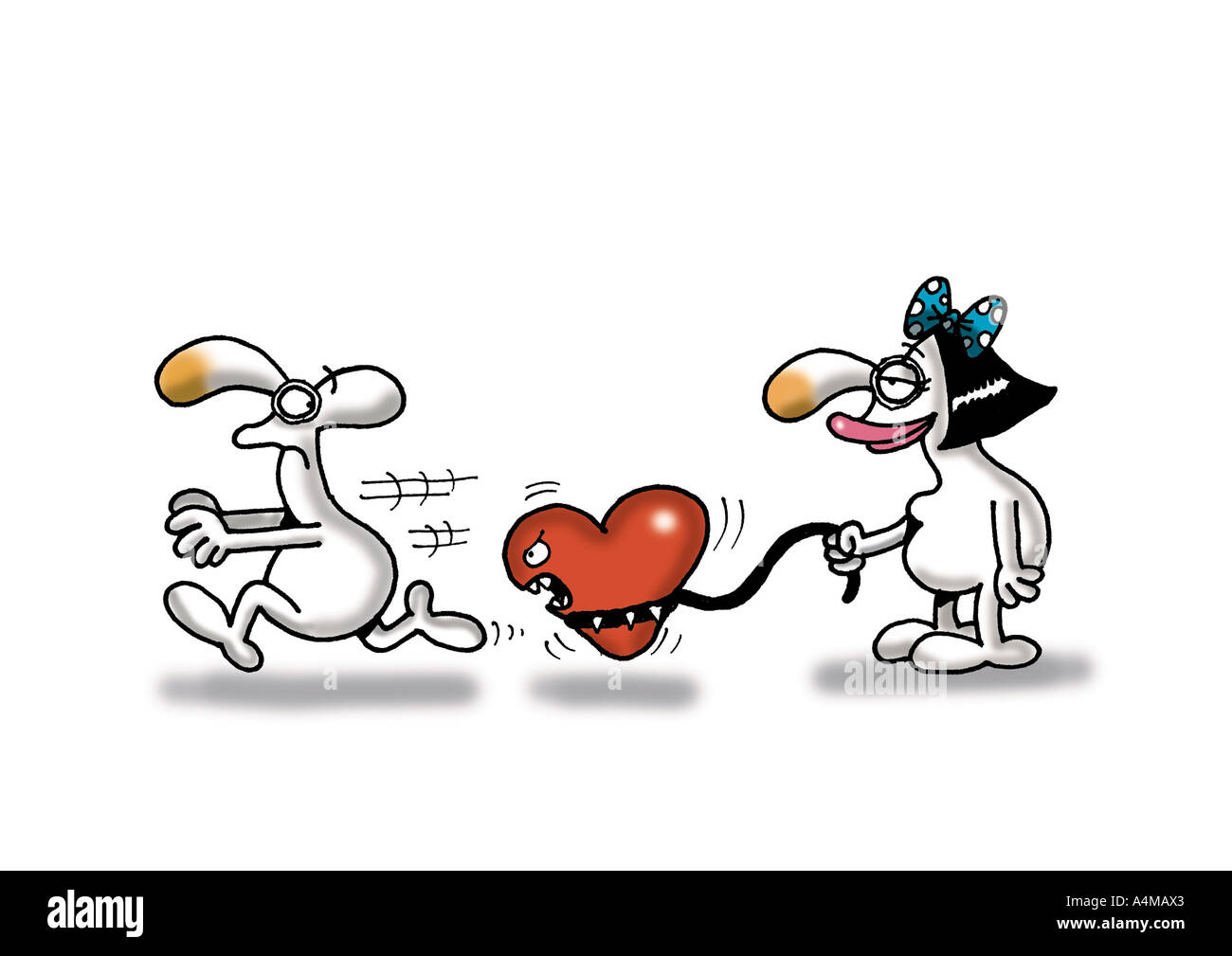Woman holding heart on leash as man runs Stock Photo