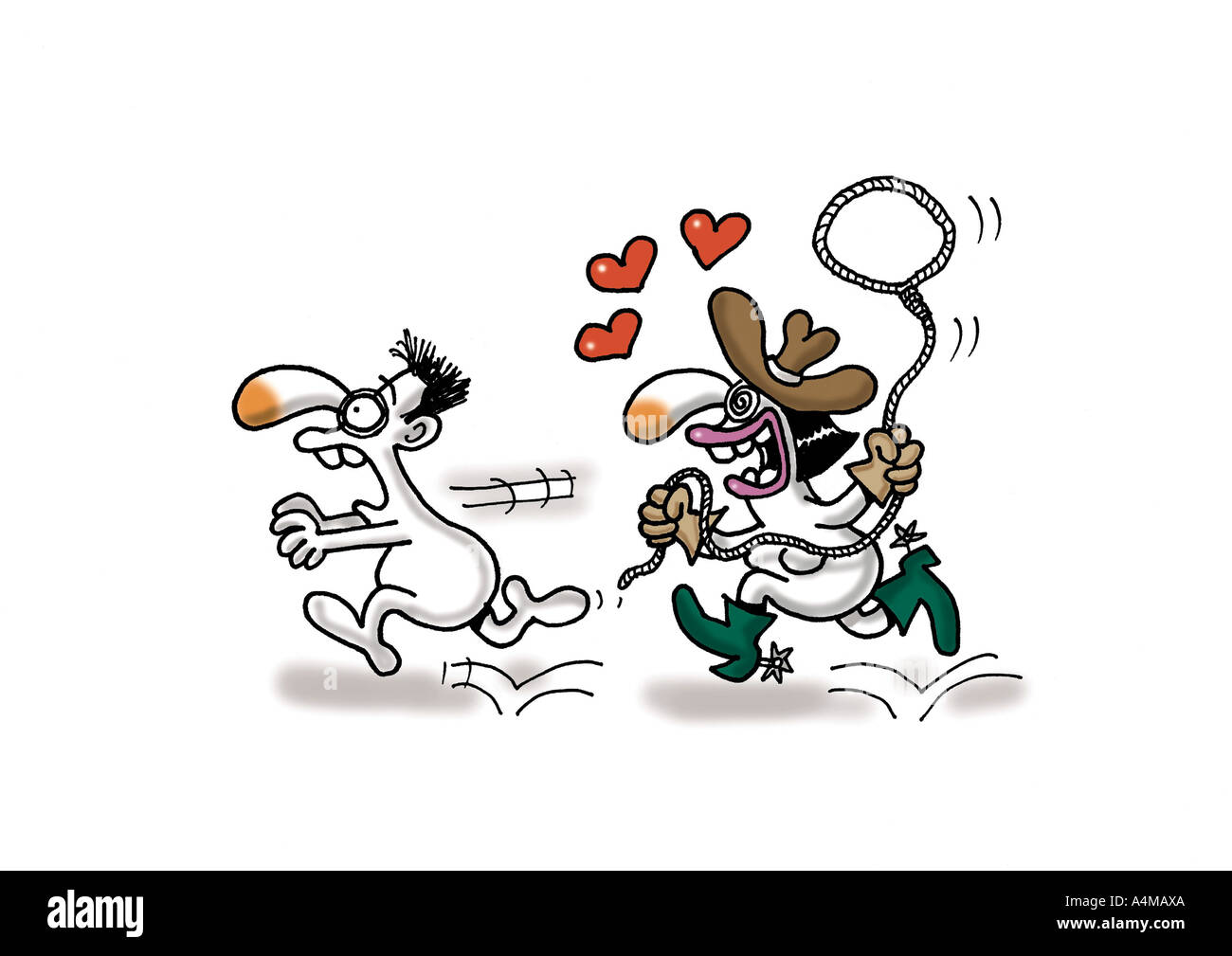 Woman chasing man with lasso Stock Photo