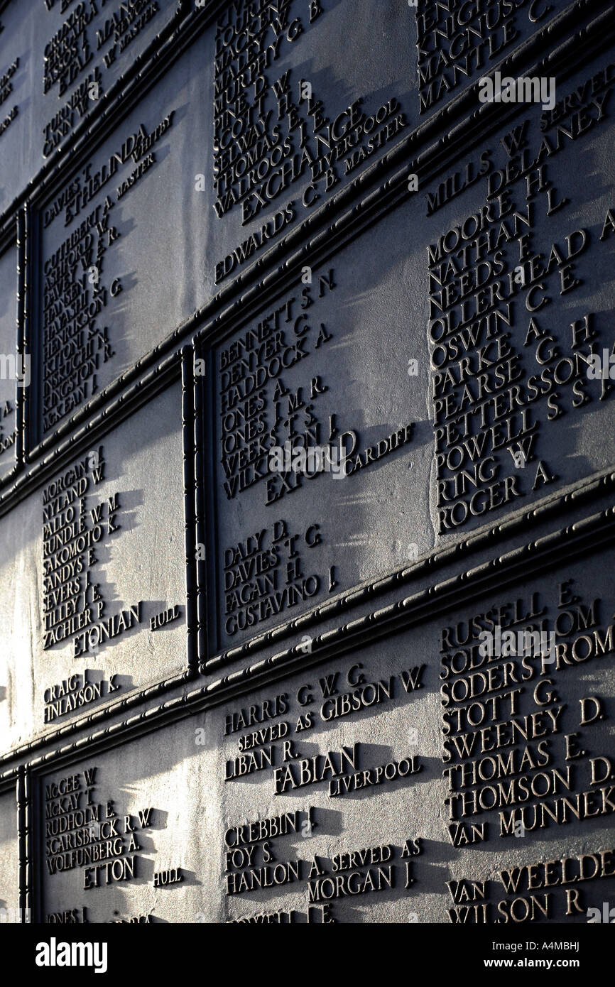 Names of the dead of WWI carved on Mercantile Marine Memorial. Tower Hill, London, England, UK Stock Photo