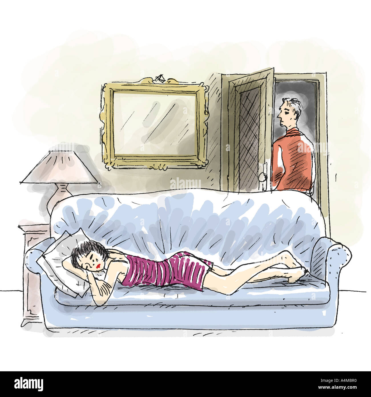 Couple Woman Crying On Couch Man Leaving Stock Photo 6331567