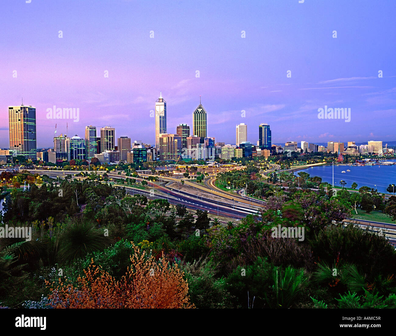 The Perth skyline at dusk. Perth is the capital of Western Australia. Photographed on 6X7 transparency film. Stock Photo
