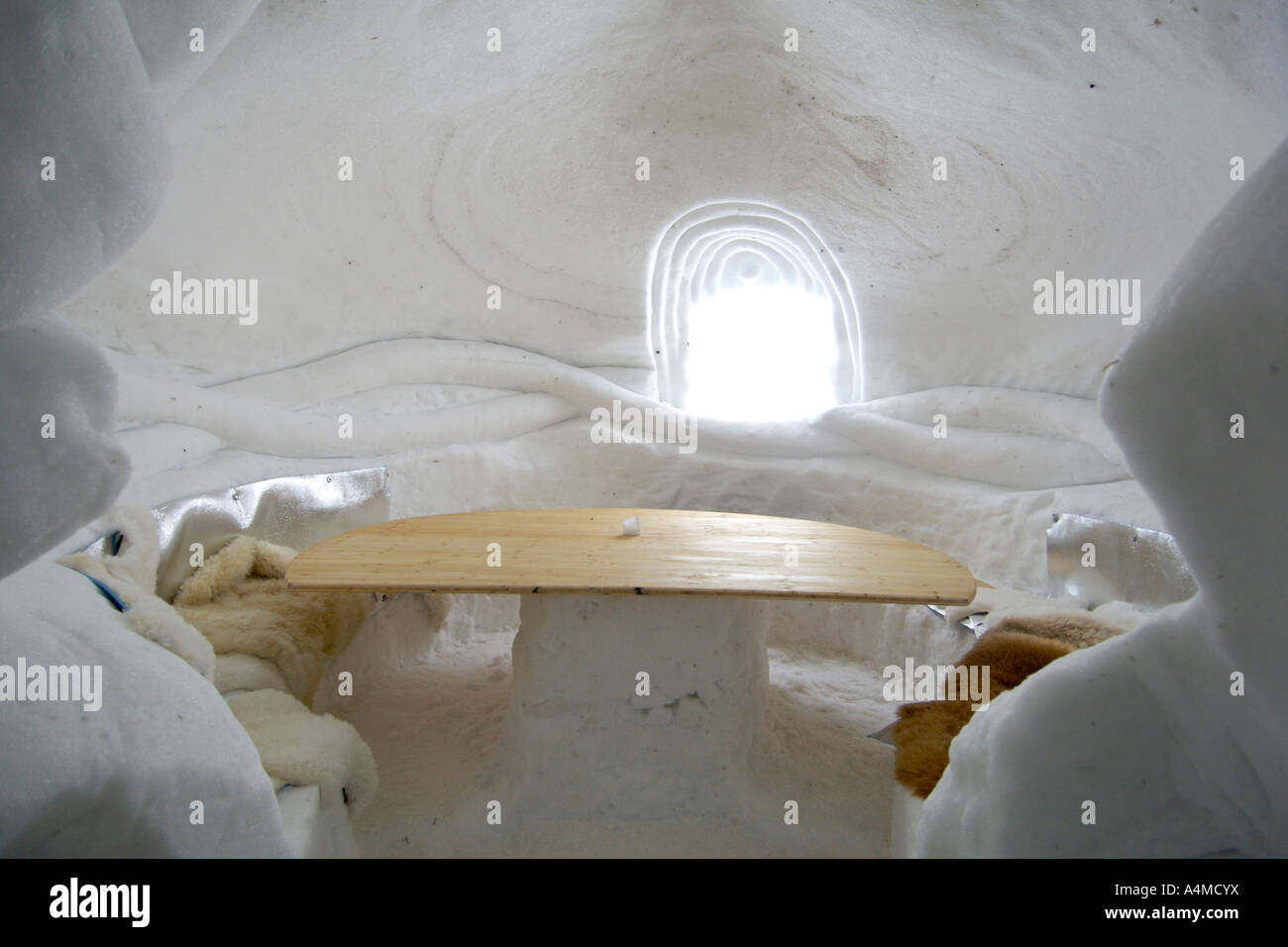 Interior of the Iglu dorf ice hotel on the slopes of Mount Titlis in Switzerland. Stock Photo