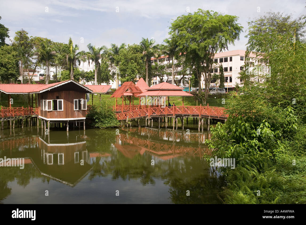 Malaysia Sarawak Kapit civic centre lake and gazebos Stock Photo