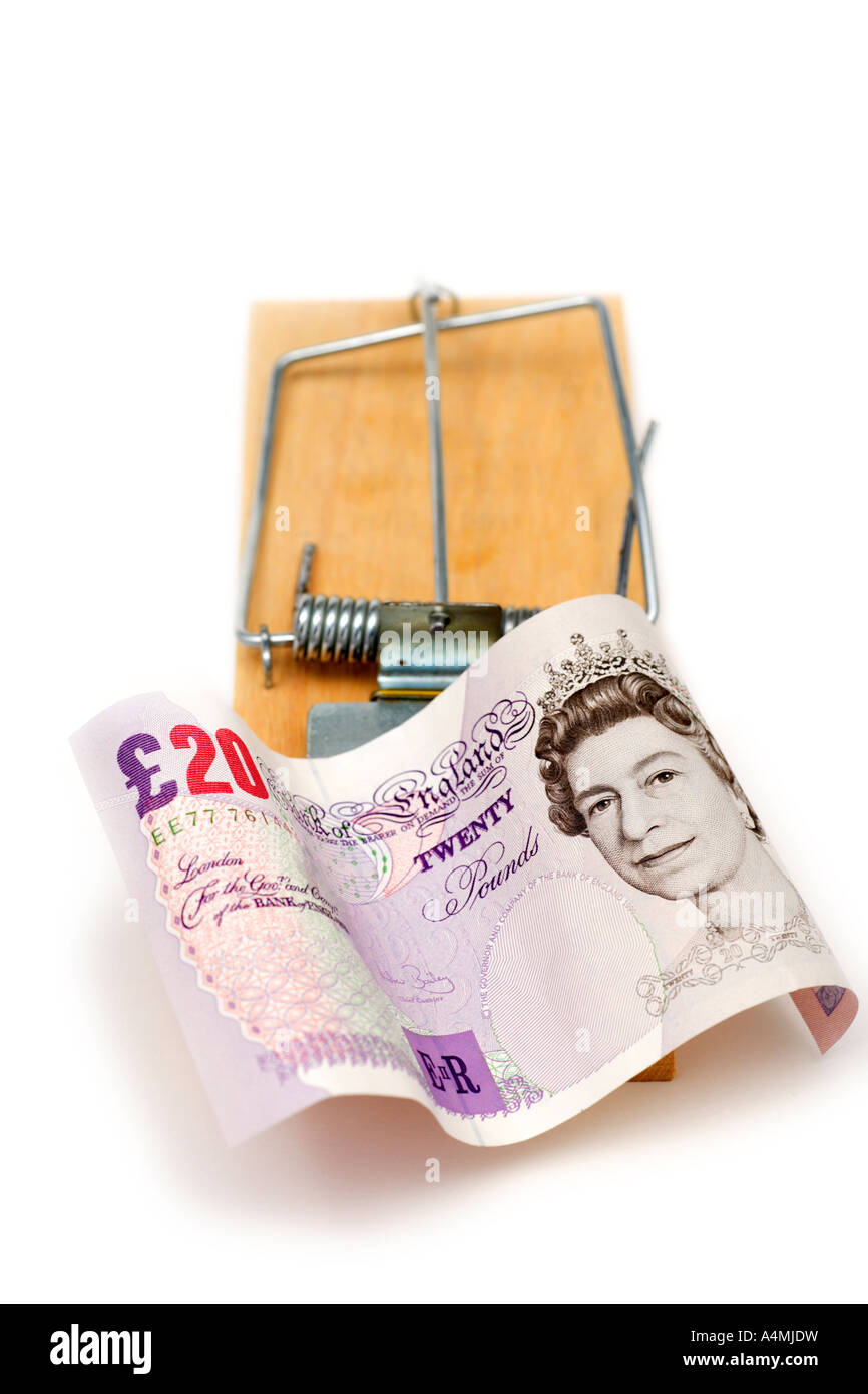 Mousetrap with British Currency indicating money trap Stock Photo