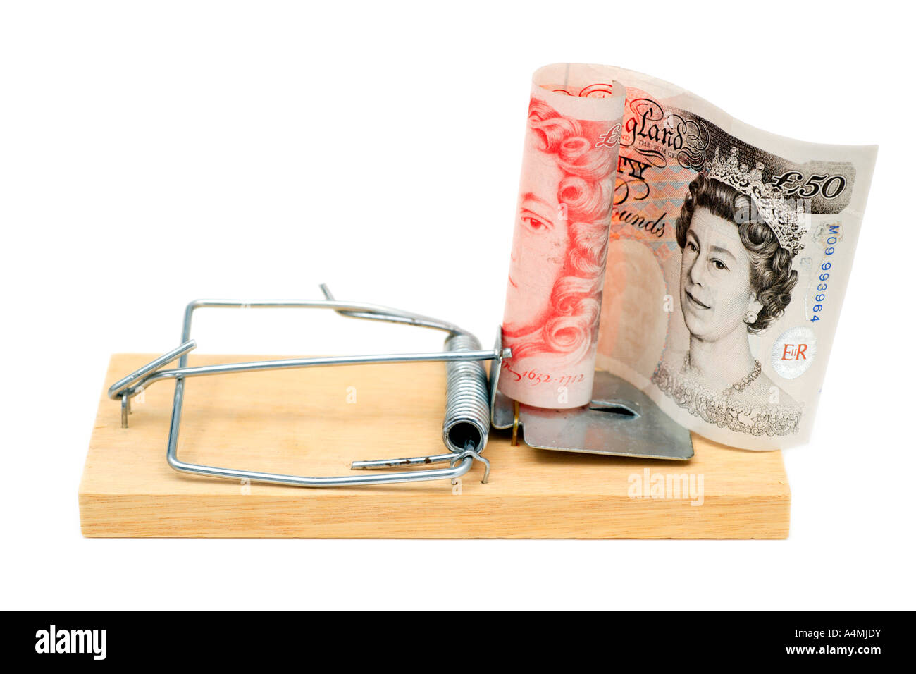 Mousetrap with British Currency indicating money trap Stock Photo