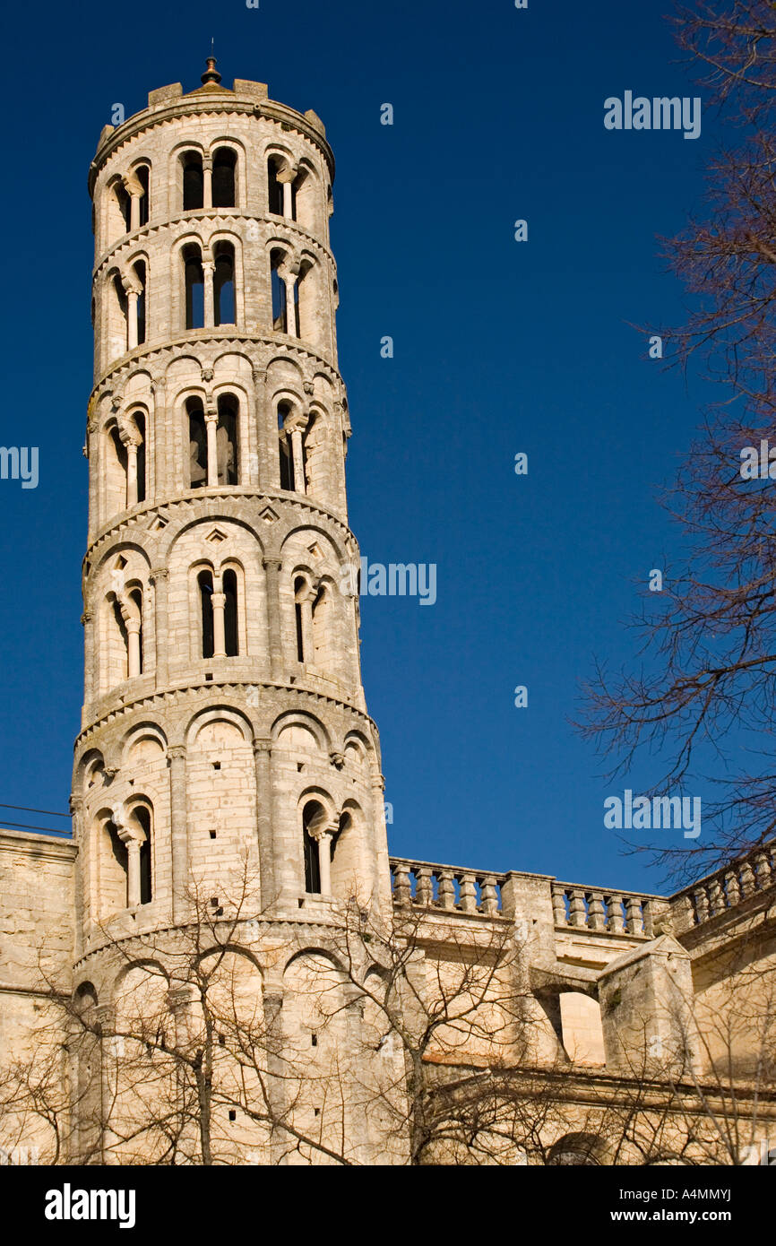 The romanesque style Saint Theodorite church tower, in Uzes (France). Clocher-tour de la cathédrale Saint-Théodorite, à Uzès. Stock Photo