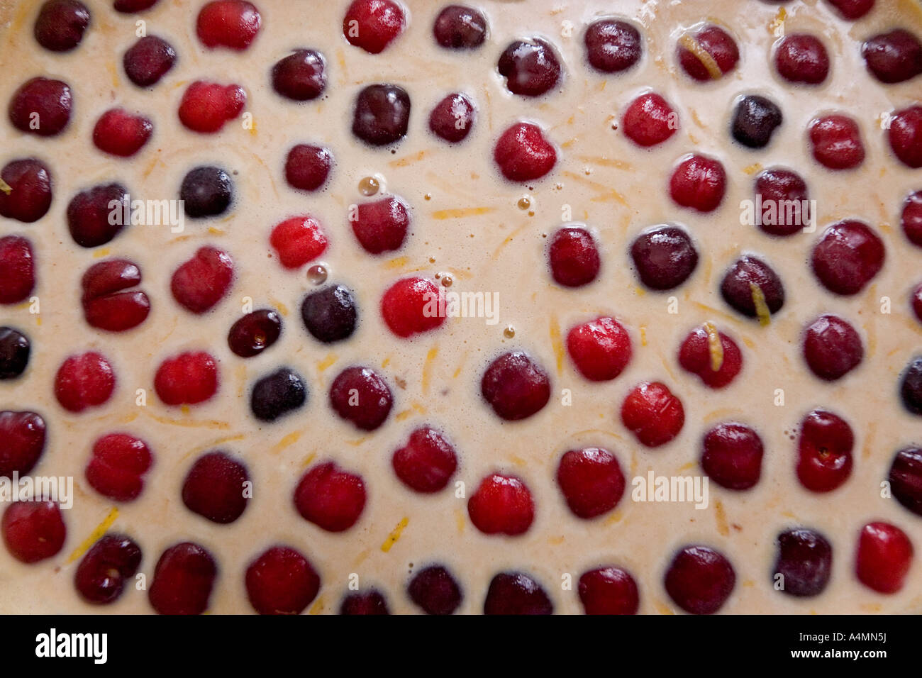 Making of a cherry clafoutis (France). Préparation pour un clafoutis aux cerises (France). Stock Photo
