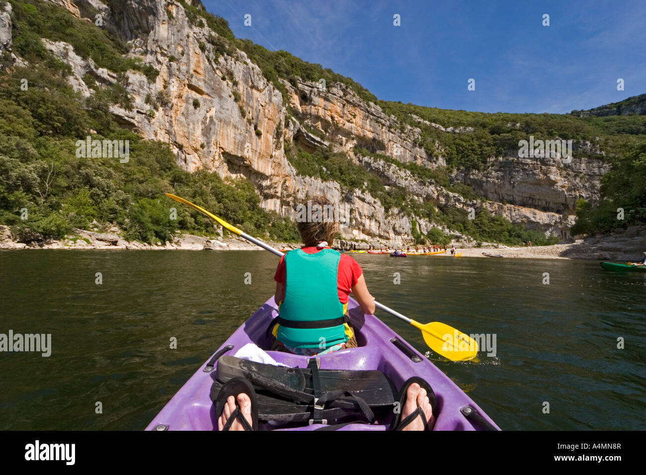 Going down the gorges of the Ardeche river in a canoe (France).  Descente des Gorges de l'Ardèche en canoë (France). Stock Photo