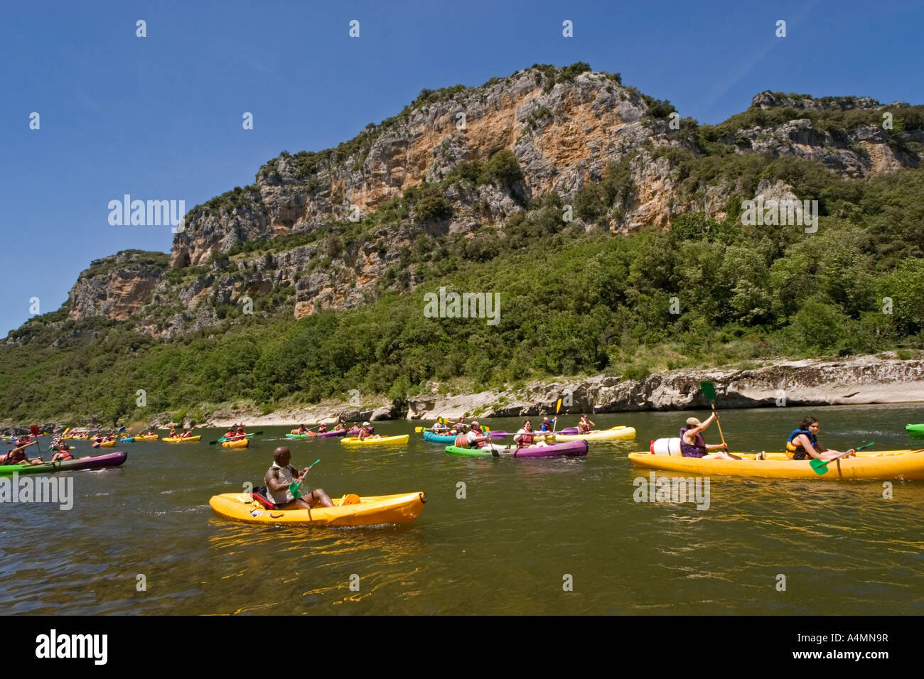 A "traffic jam" on the gorges of the Ardeche river (France). "Embouteillage" dans les Gorges de l'Ardèche (France). Stock Photo